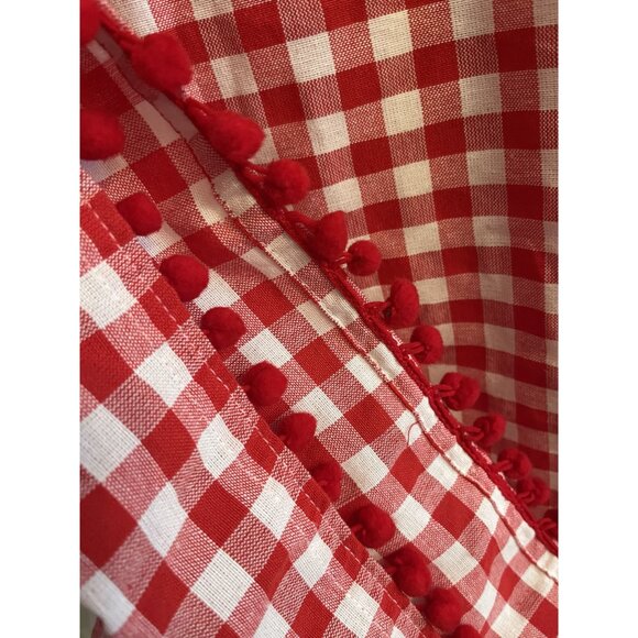 Two Pioneer Woman Red & White Pom Tassled Window Panels 34.5" gingham - Picture 9 of 13